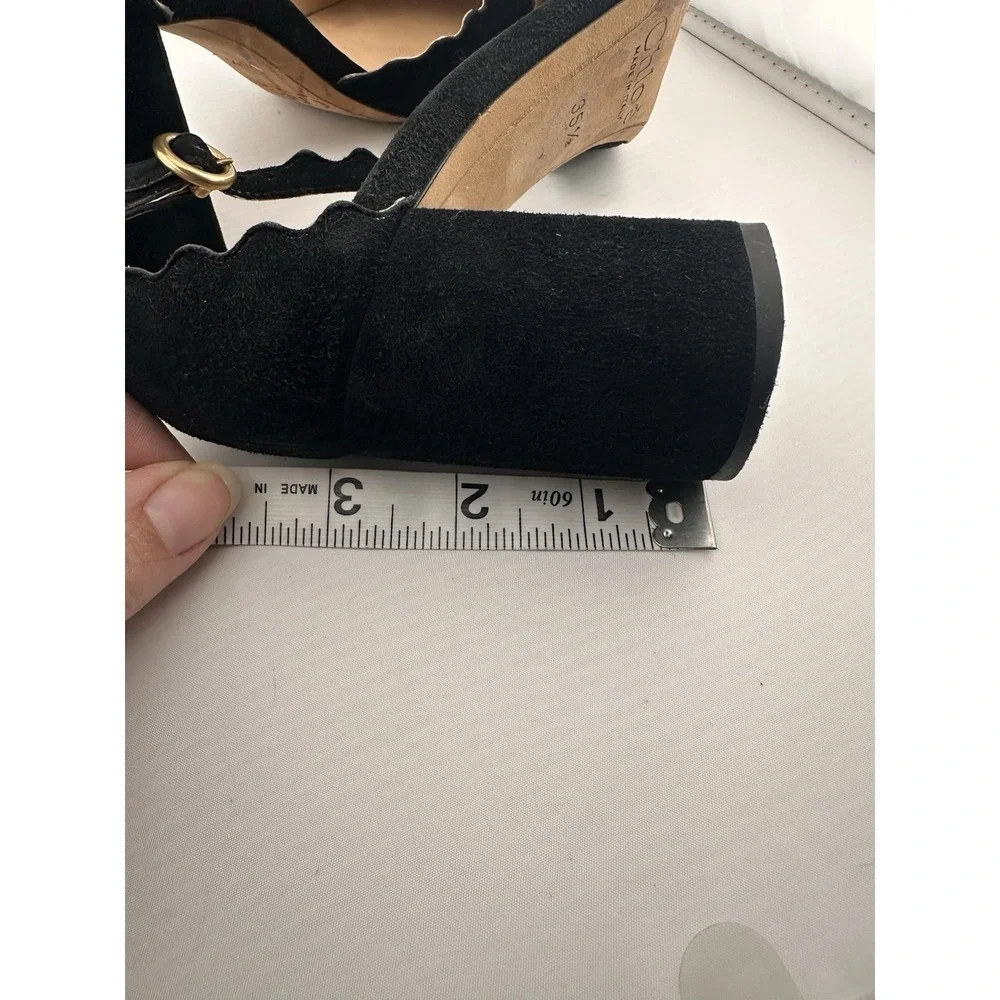 Chloe Black Suede Scalloped Ankle Strap Block Heels 35.5 Ballet Classic US 5.5‎